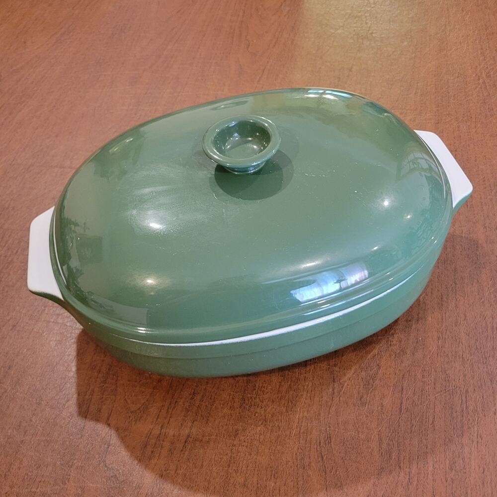 Vintage Emile Henry France Green Ceramic Oval Covered Casserole Baker DutchOven